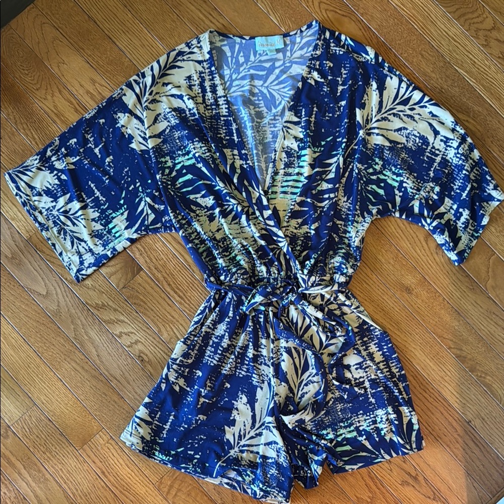 Veronica M. Navy and Cream Leaf Print Romper